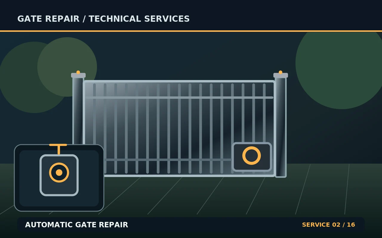 Technical illustration of automatic gate repair, showing a gate and its repair components