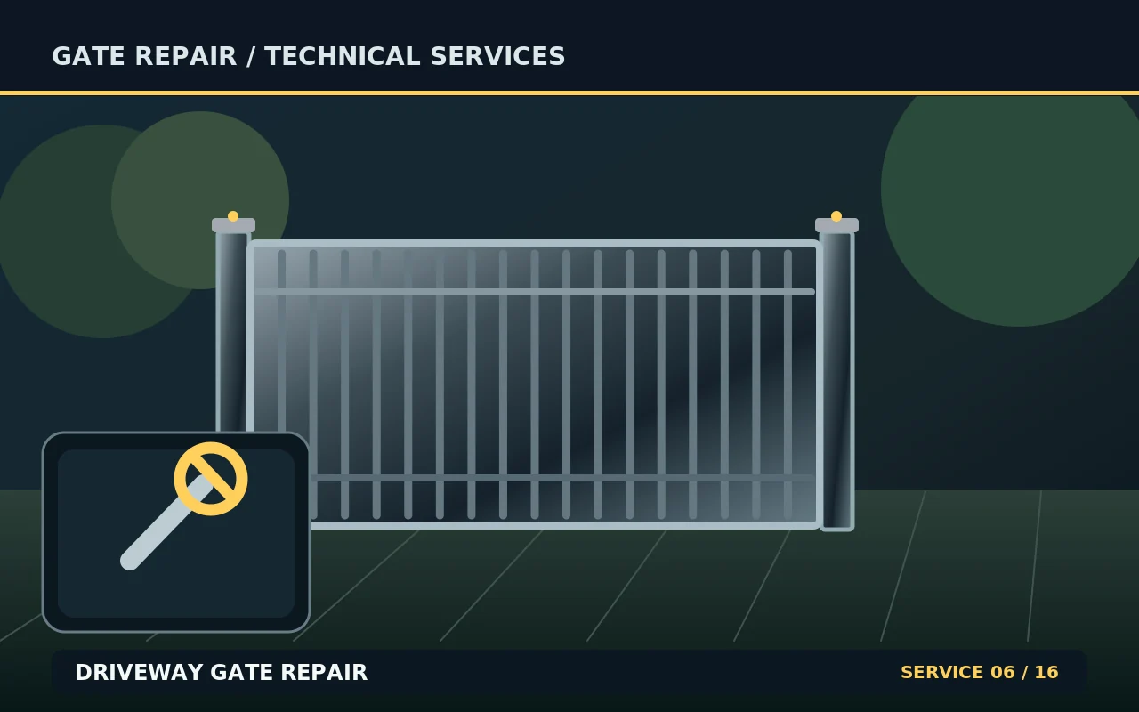 Technical illustration of driveway gate repair, showing a gate and its repair components