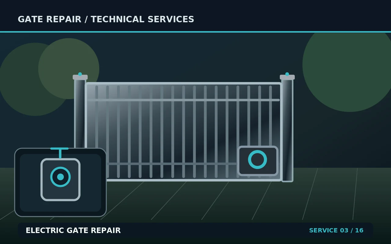 Technical illustration of electric gate repair, showing a gate and its repair components