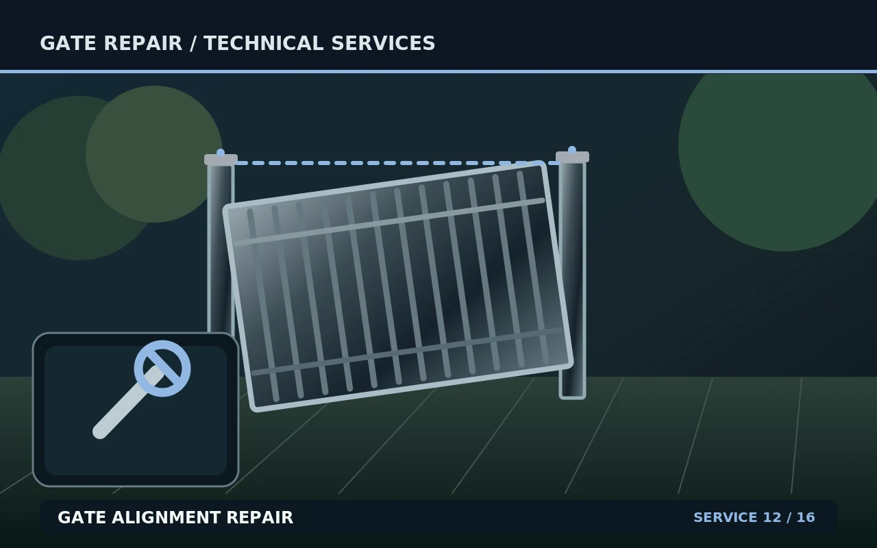 Technical illustration of gate alignment repair, showing a gate and its repair components