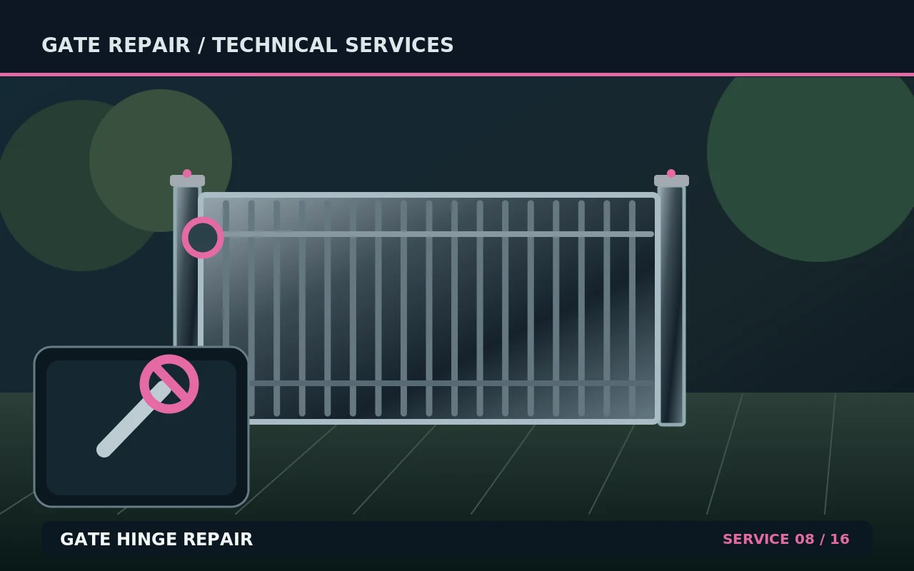 Technical illustration of gate hinge repair, showing a gate and its repair components