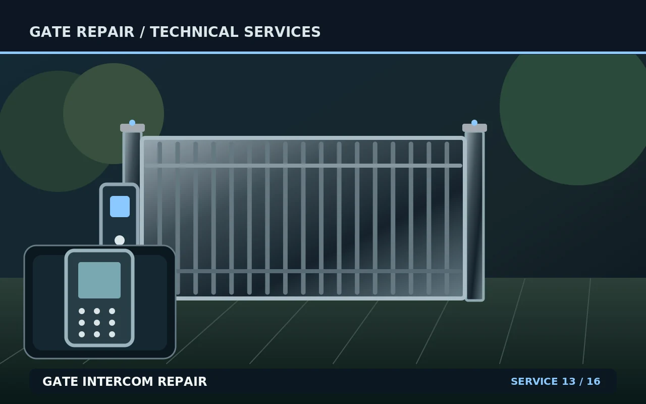 Technical illustration of gate intercom repair, showing a gate and its repair components