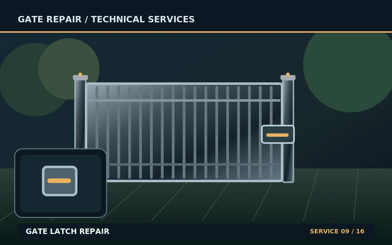 Technical illustration of gate latch repair, showing a gate and its repair components