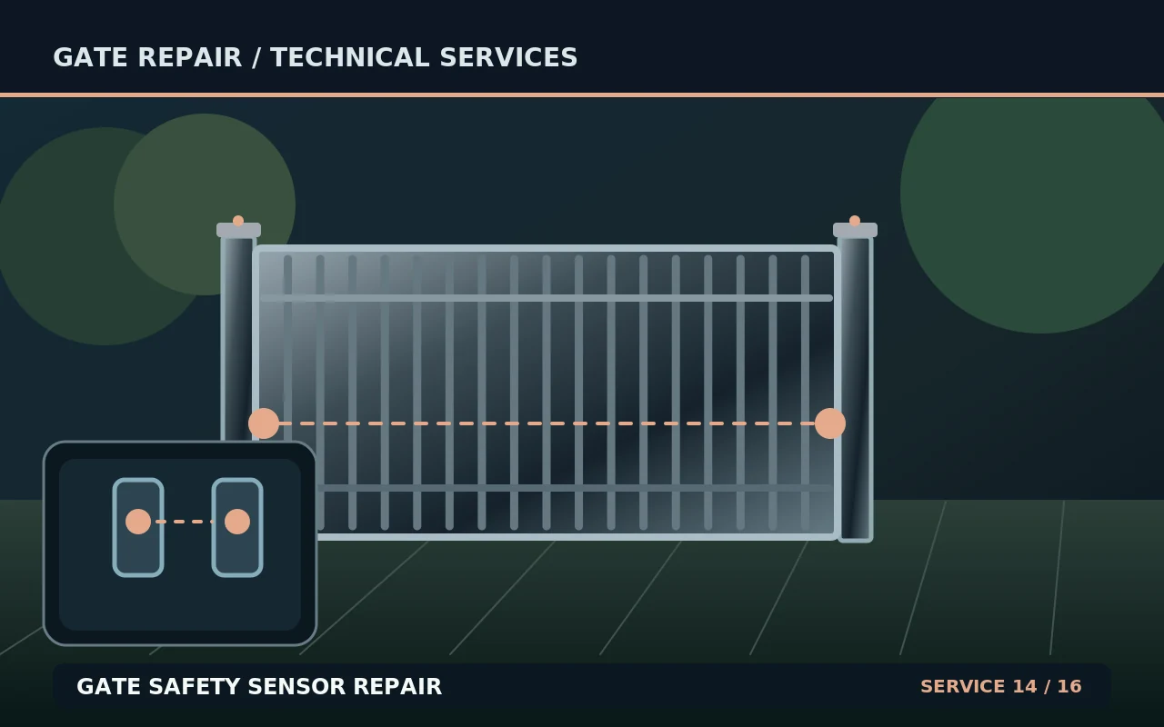 Technical illustration of gate safety sensor repair, showing a gate and its repair components