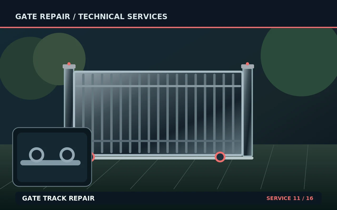 Technical illustration of gate track repair, showing a gate and its repair components