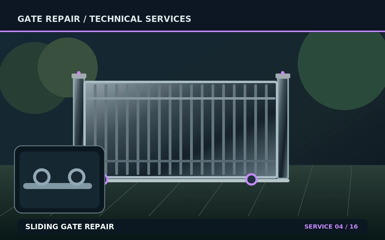Technical illustration of sliding gate repair, showing a gate and its repair components