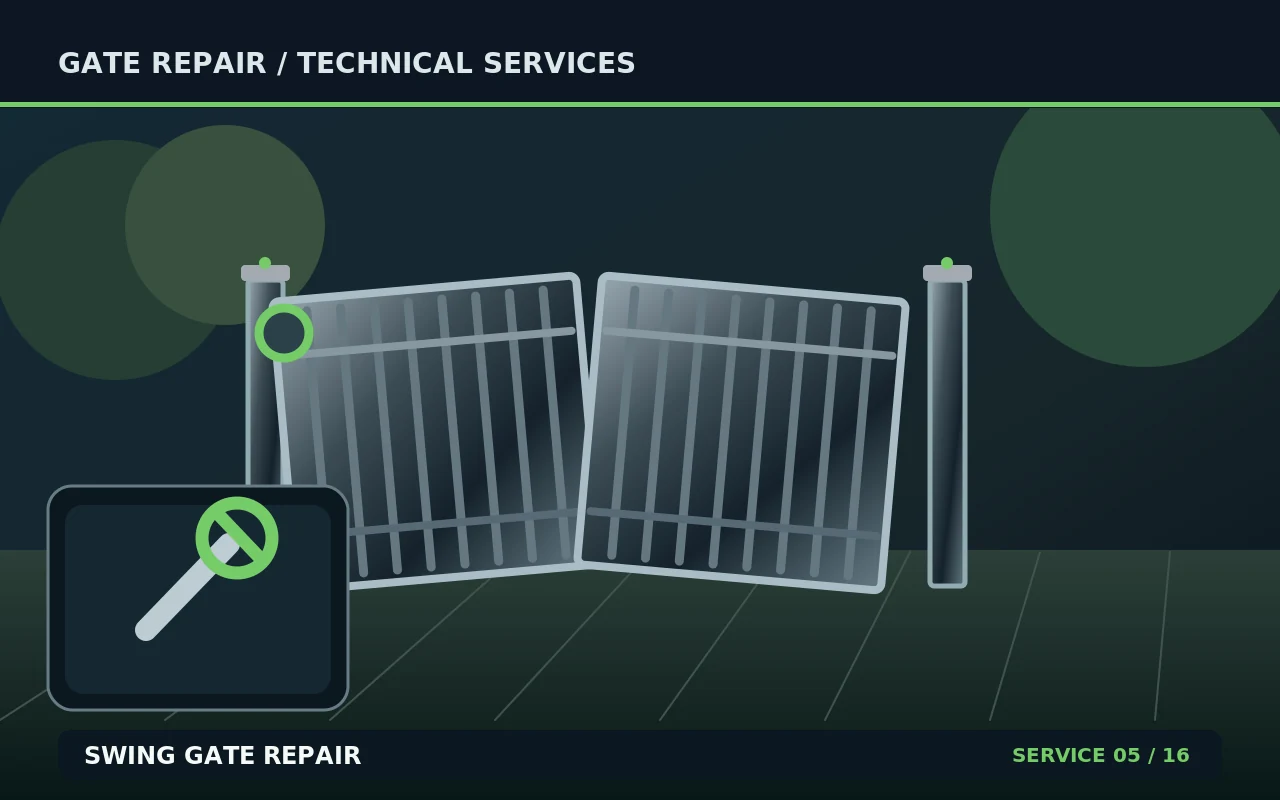 Technical illustration of swing gate repair, showing a gate and its repair components